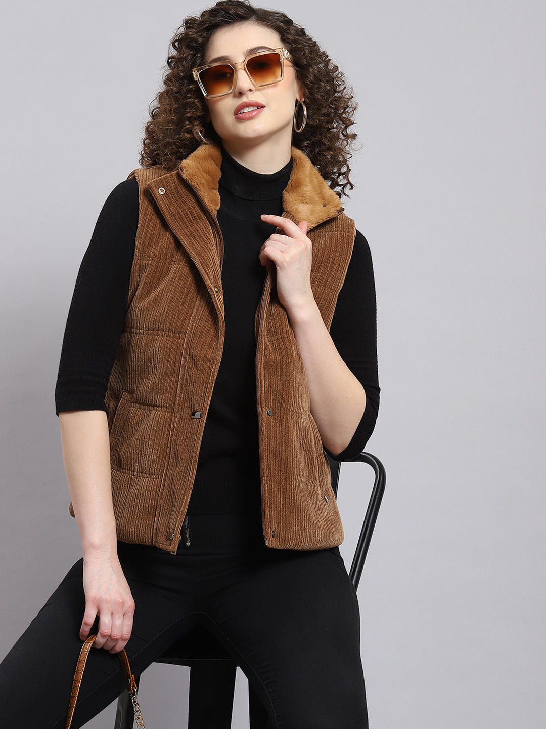 Women Brown Solid Stand Collar Sleeveless Jacket