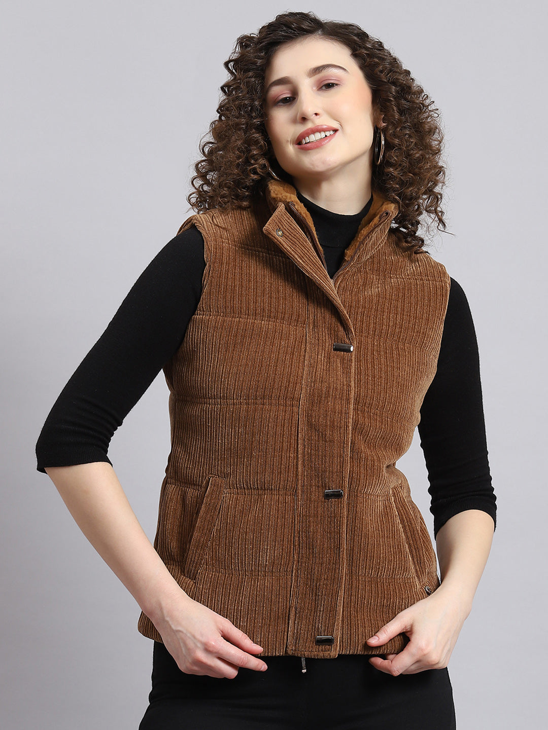 Women Brown Solid Stand Collar Sleeveless Jacket