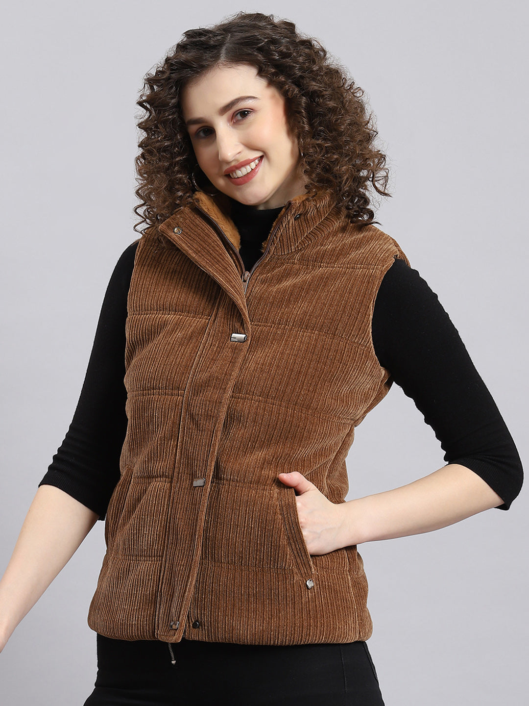Women Brown Solid Stand Collar Sleeveless Jacket
