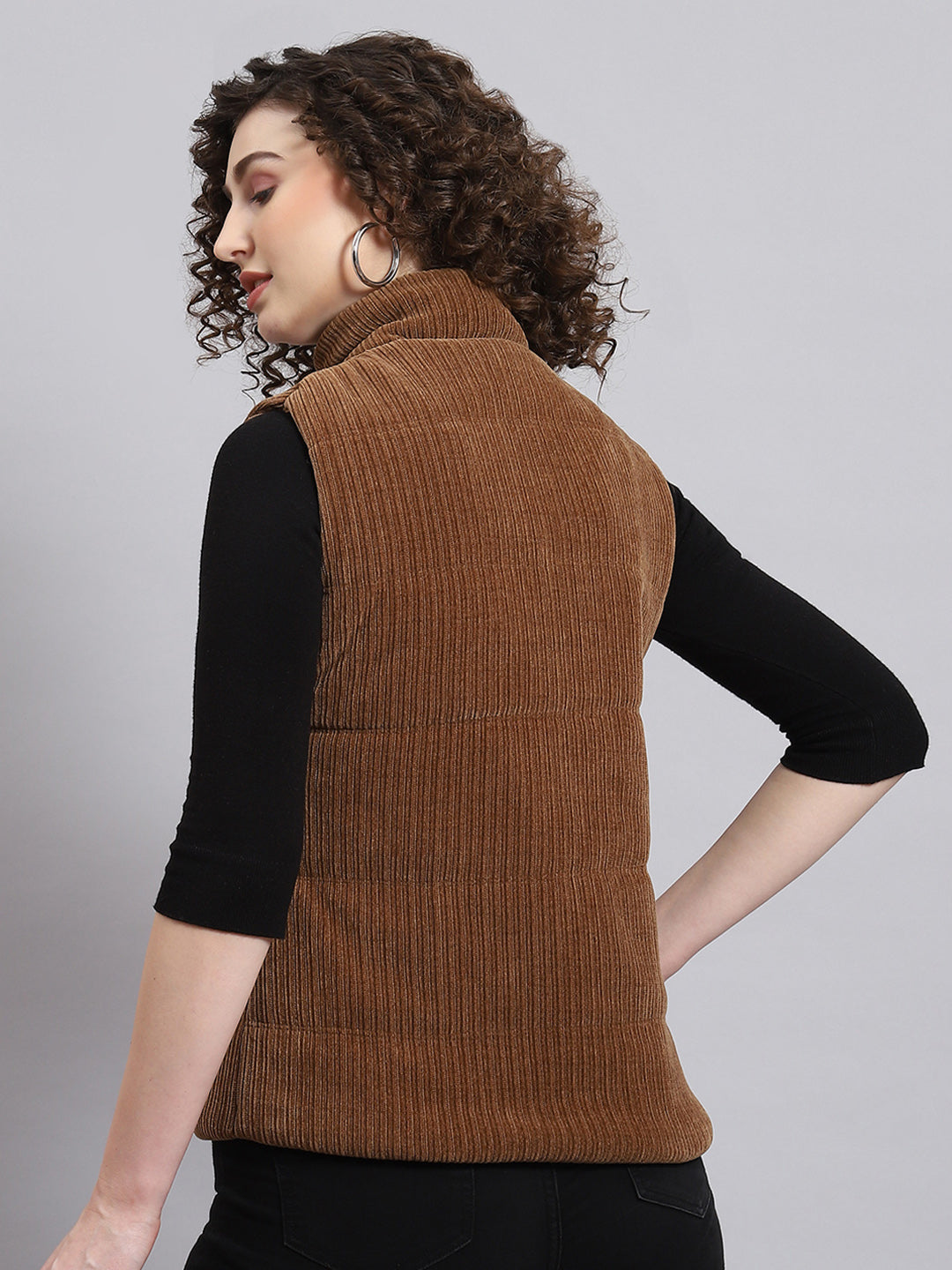 Women Brown Solid Stand Collar Sleeveless Jacket