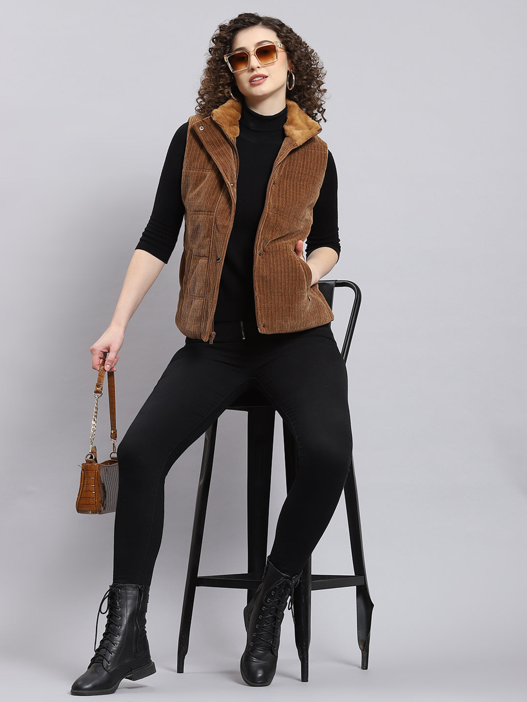 Women Brown Solid Stand Collar Sleeveless Jacket