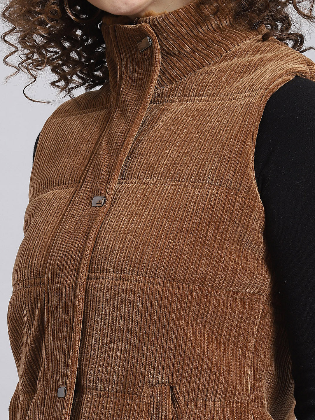 Women Brown Solid Stand Collar Sleeveless Jacket