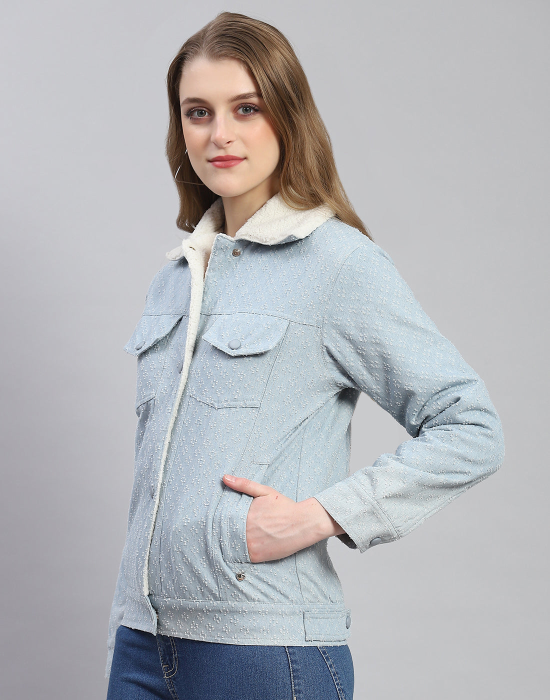 Women Blue Self Design Collar Full Sleeve Jacket