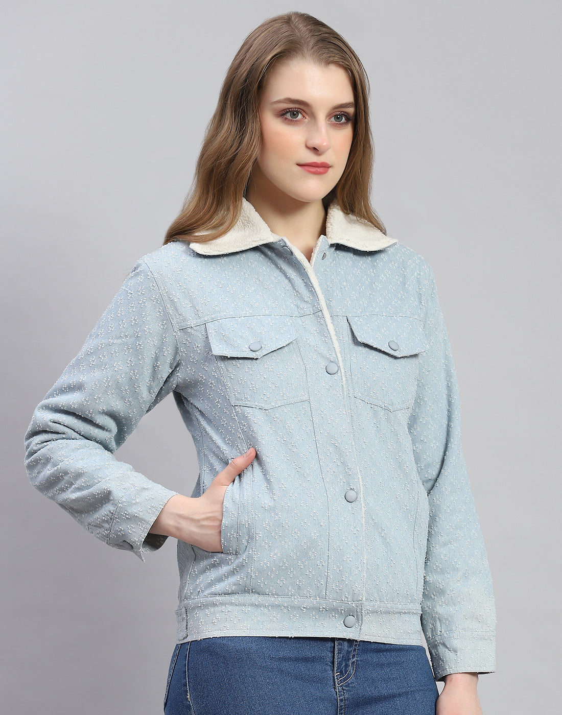 Women Blue Self Design Collar Full Sleeve Jacket
