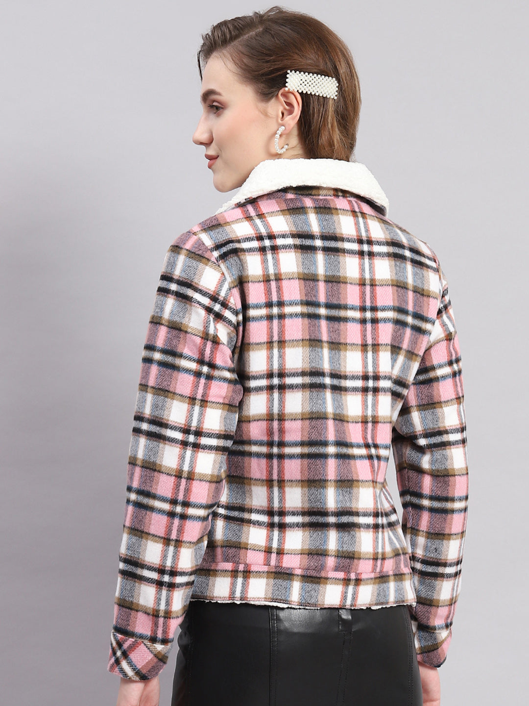 Women Pink Check Spread Collar Full Sleeve Jackets