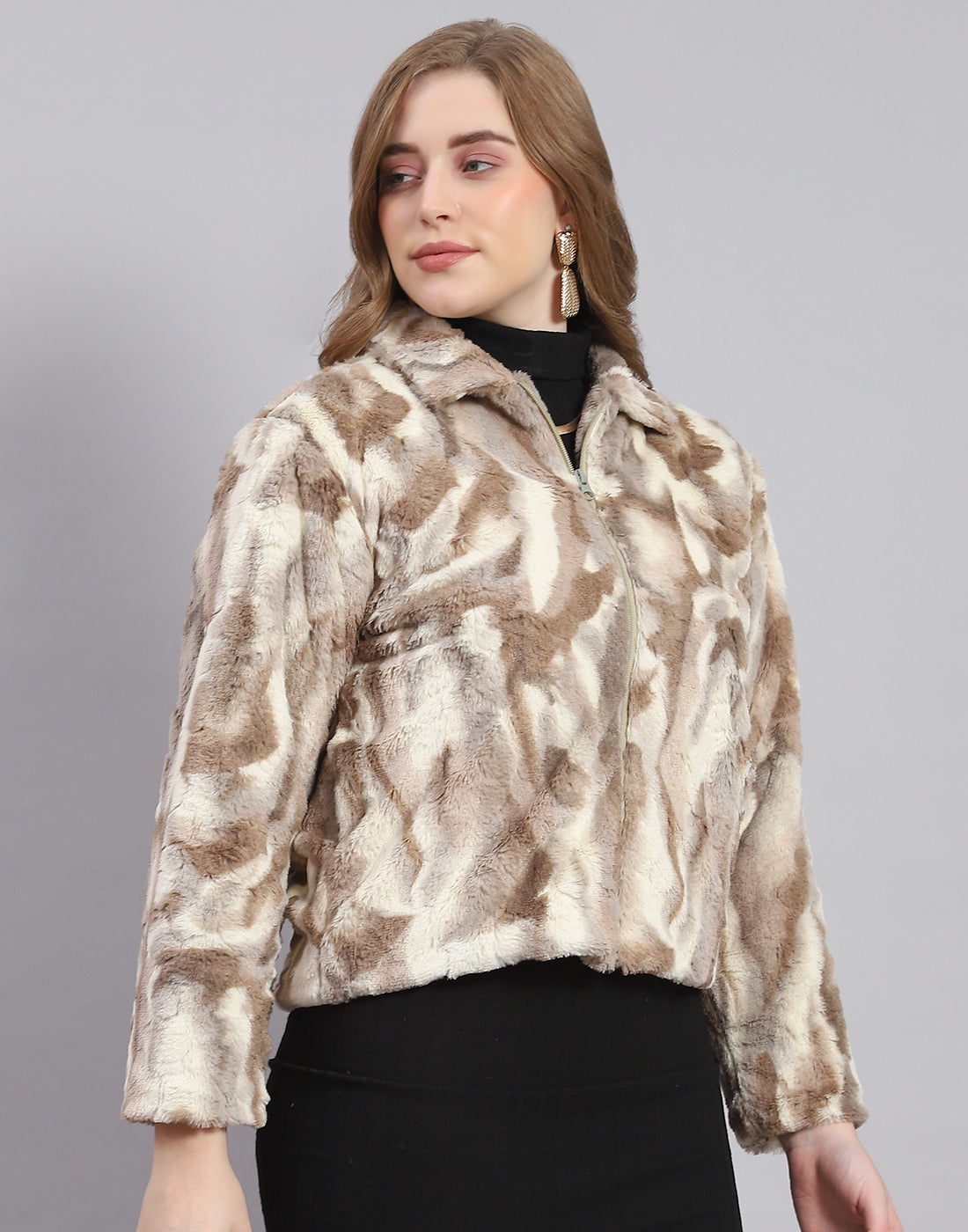 Women Brown Printed Stand Collar Full Sleeve Jacket