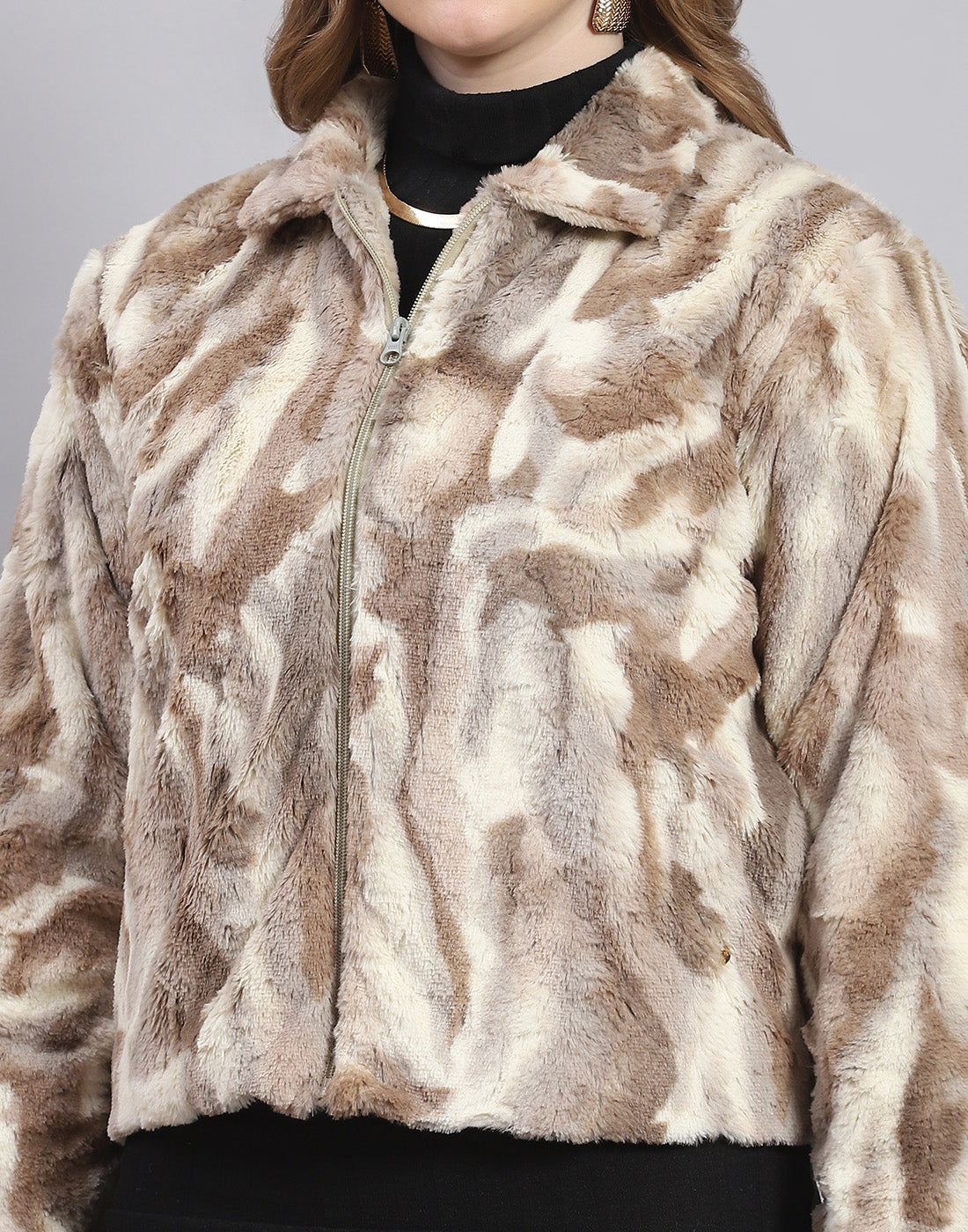 Women Brown Printed Stand Collar Full Sleeve Jacket