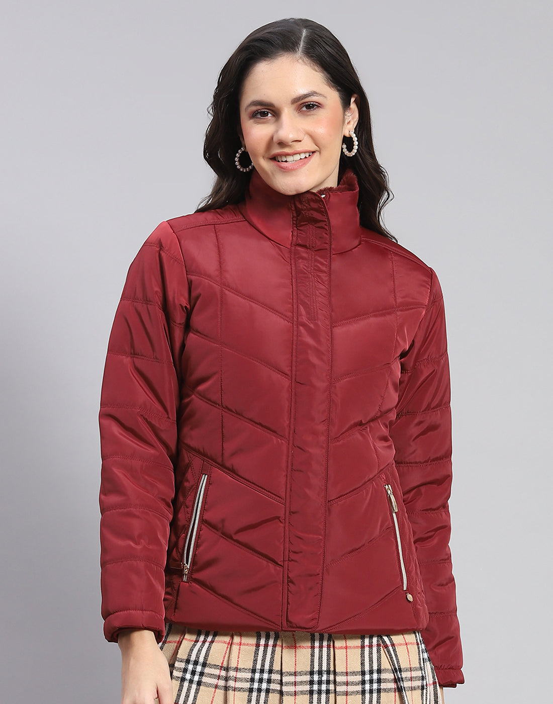 Women Maroon Solid Stand Collar Full Sleeve Jacket