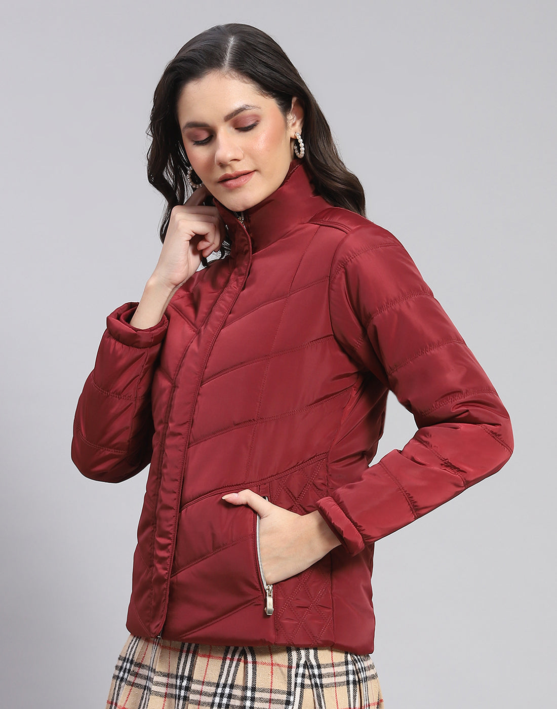 Women Maroon Solid Stand Collar Full Sleeve Jacket