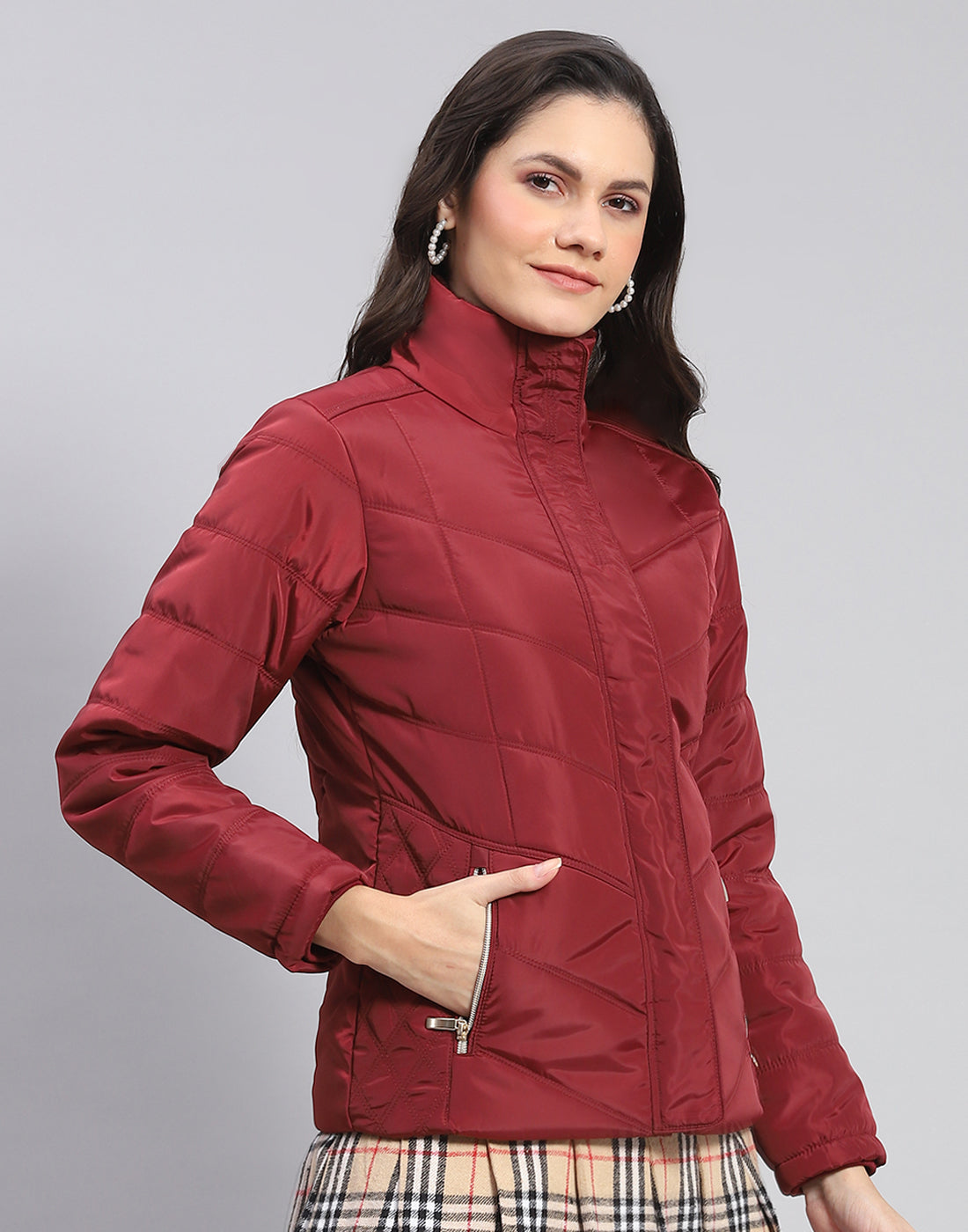 Women Maroon Solid Stand Collar Full Sleeve Jacket