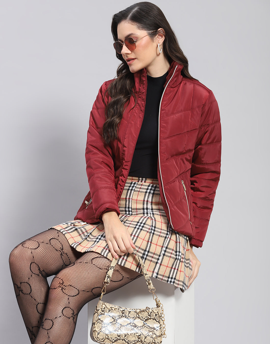 Women Maroon Solid Stand Collar Full Sleeve Jacket