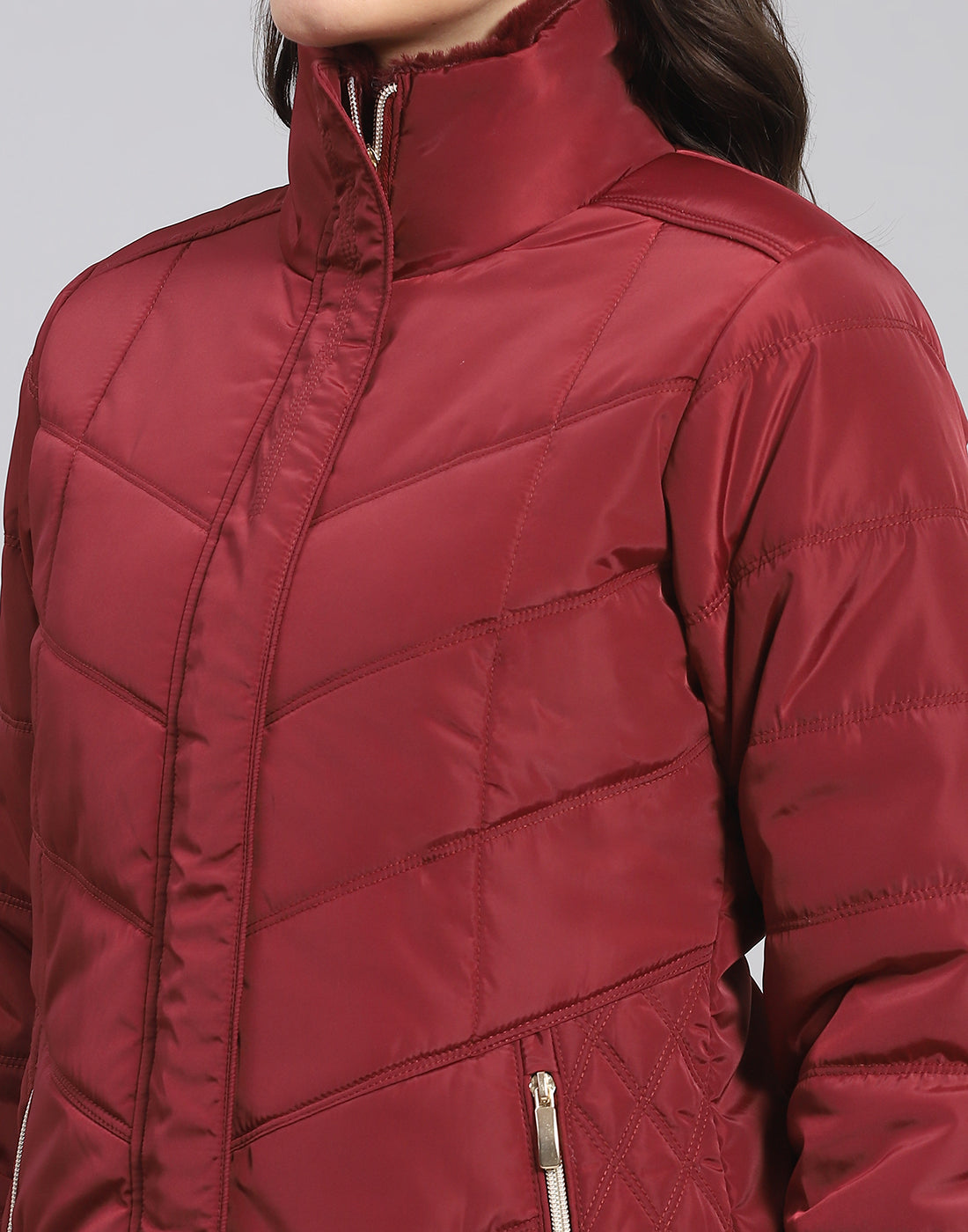 Women Maroon Solid Stand Collar Full Sleeve Jacket