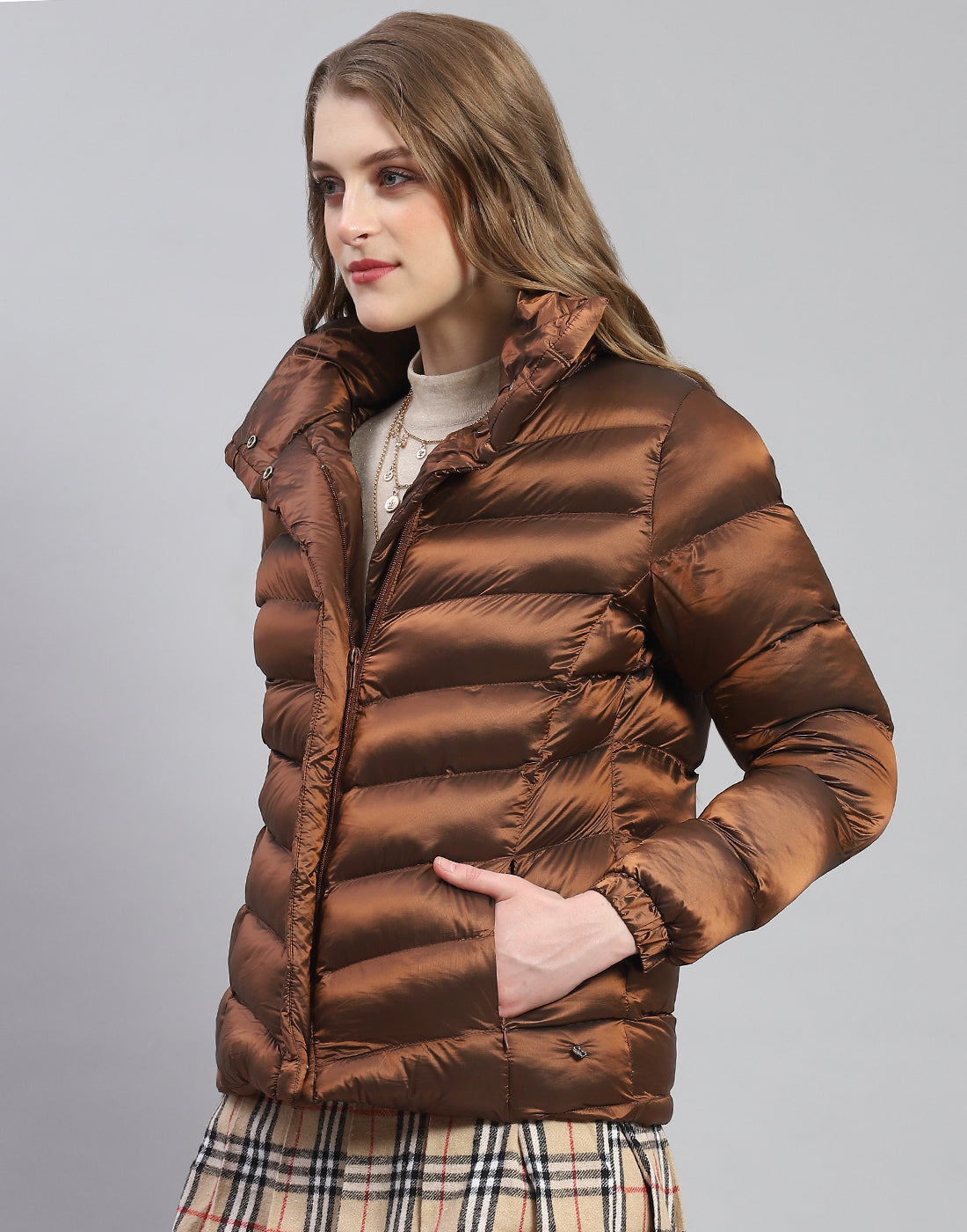 Women Brown Solid Stand Collar Full Sleeve Jacket