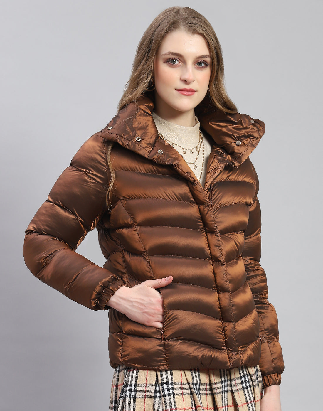 Women Brown Solid Stand Collar Full Sleeve Jacket