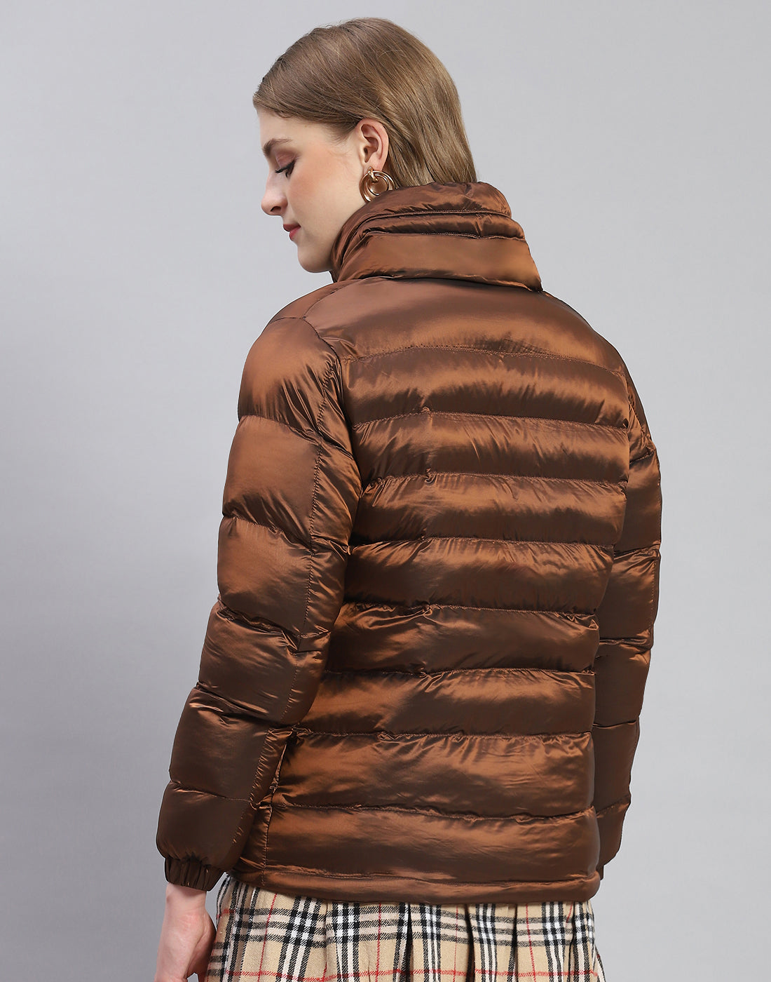 Women Brown Solid Stand Collar Full Sleeve Jacket