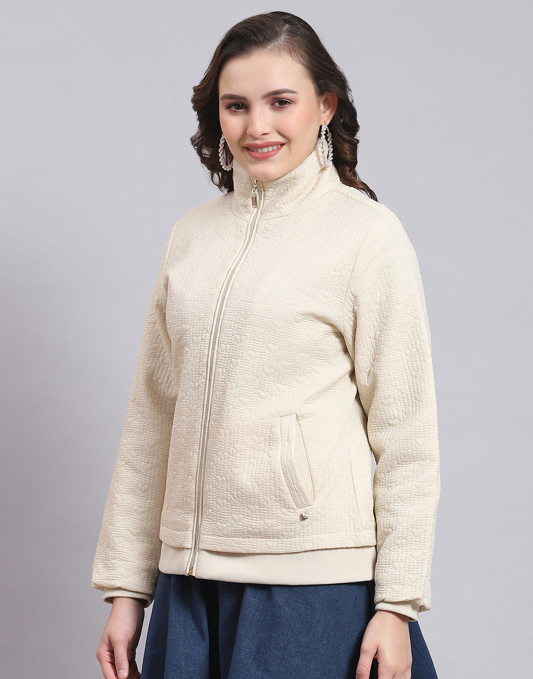 Women Beige Solid Stand Collar Full Sleeve Jacket