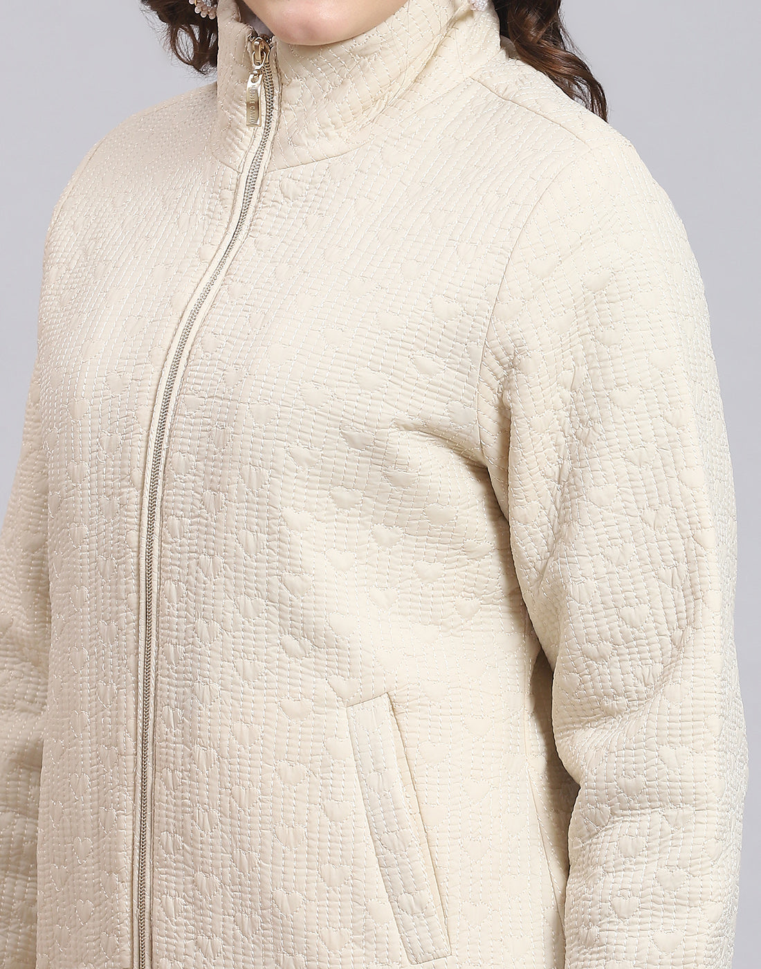 Women Beige Solid Stand Collar Full Sleeve Jacket