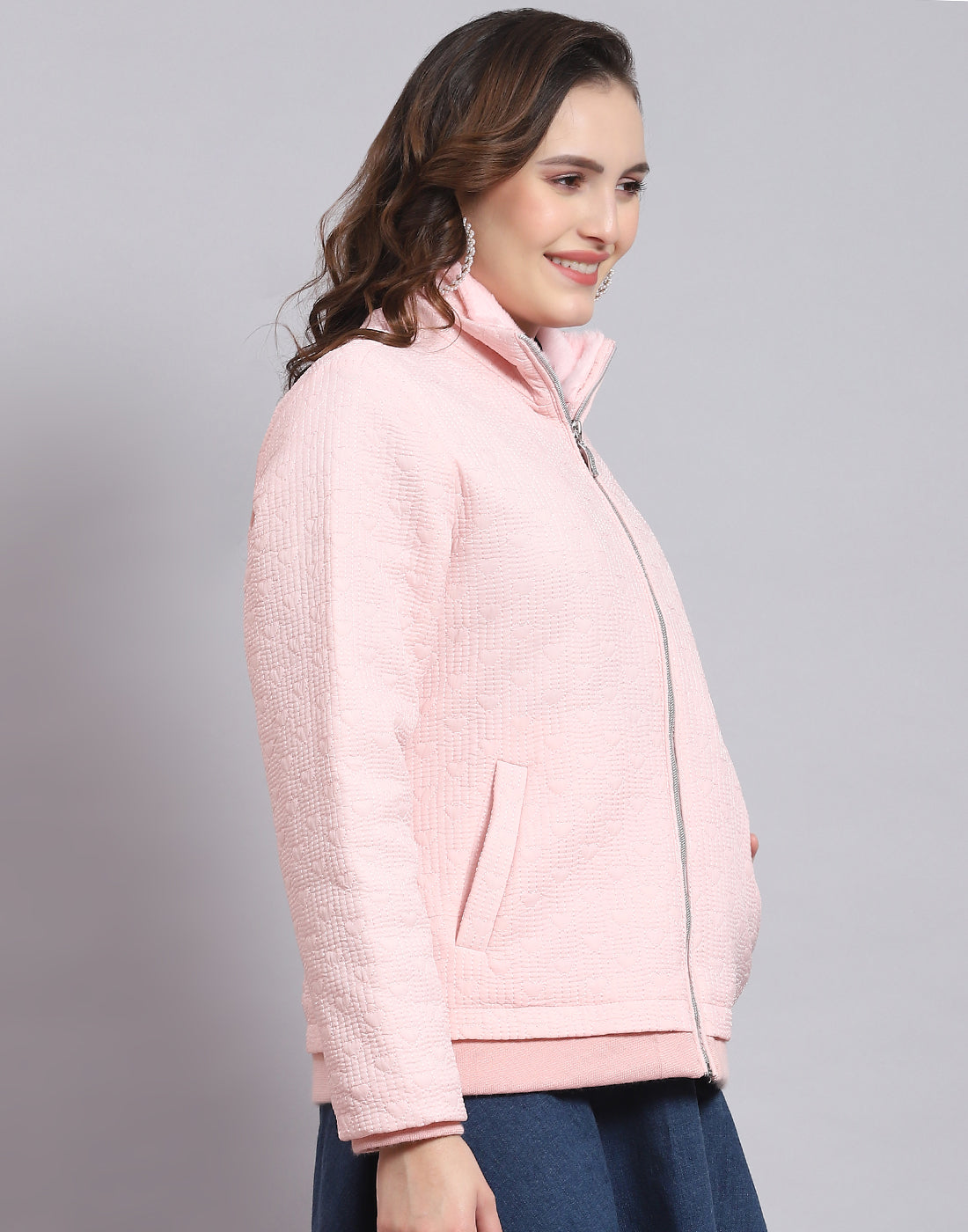 Women Pink Solid Stand Collar Full Sleeve Jacket
