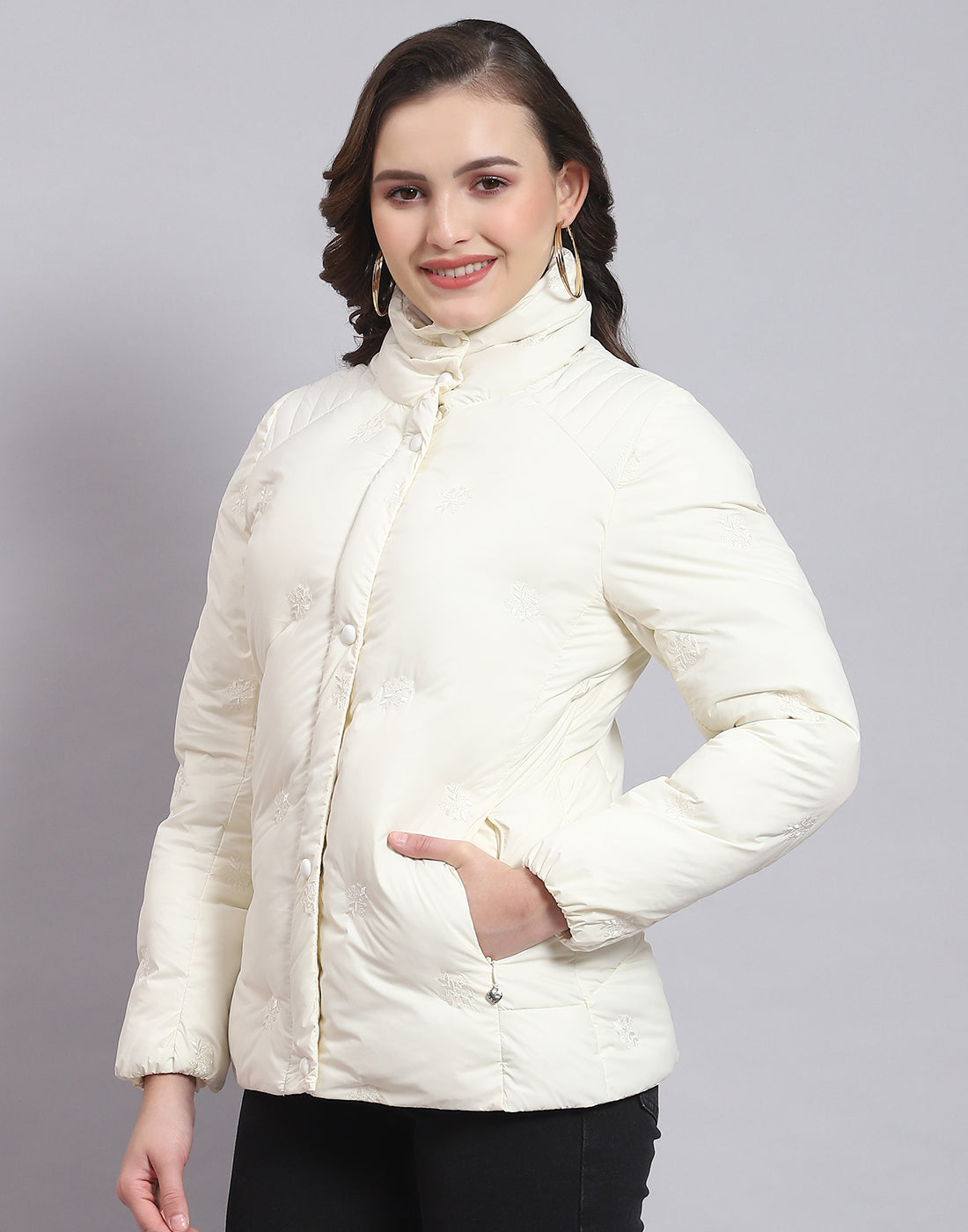 Women Off White Solid Stand Collar Full Sleeve Jacket