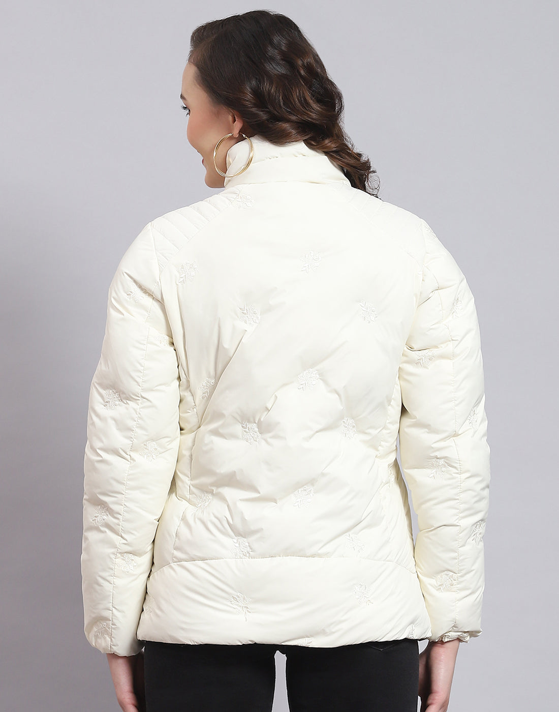 Women Off White Solid Stand Collar Full Sleeve Jacket