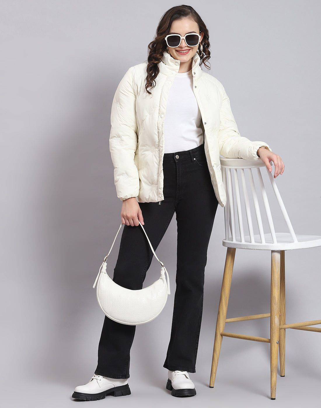 Women Off White Solid Stand Collar Full Sleeve Jacket