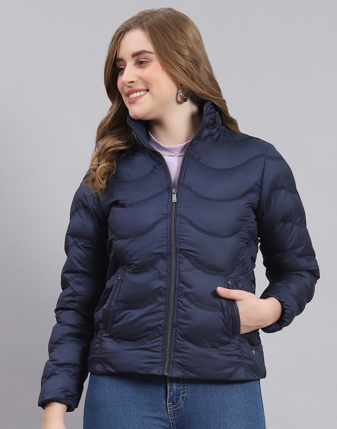 Women Navy Blue Solid Stand Collar Full Sleeve Jacket