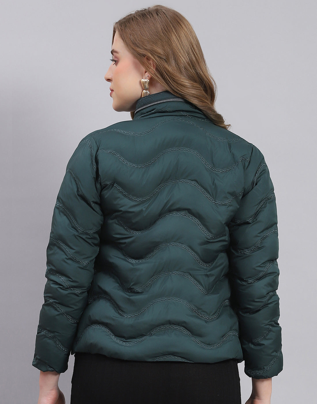 Women Teal Blue Solid Stand Collar Full Sleeve Jacket