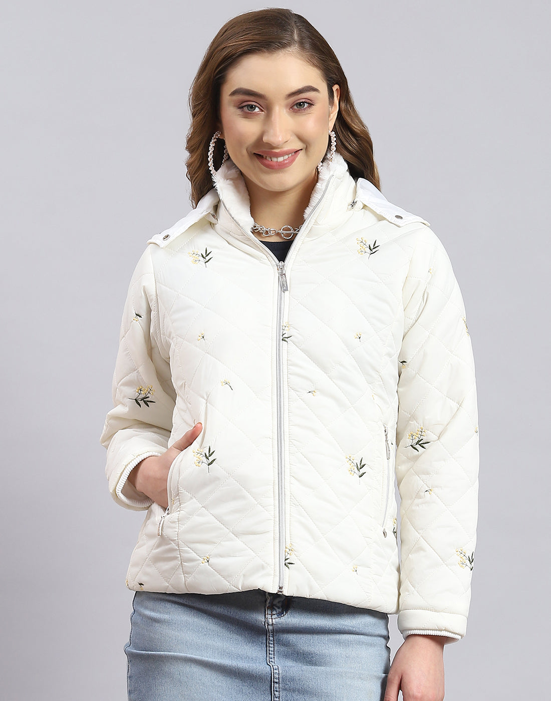 Women White Embroidered Hooded Full Sleeve Jacket