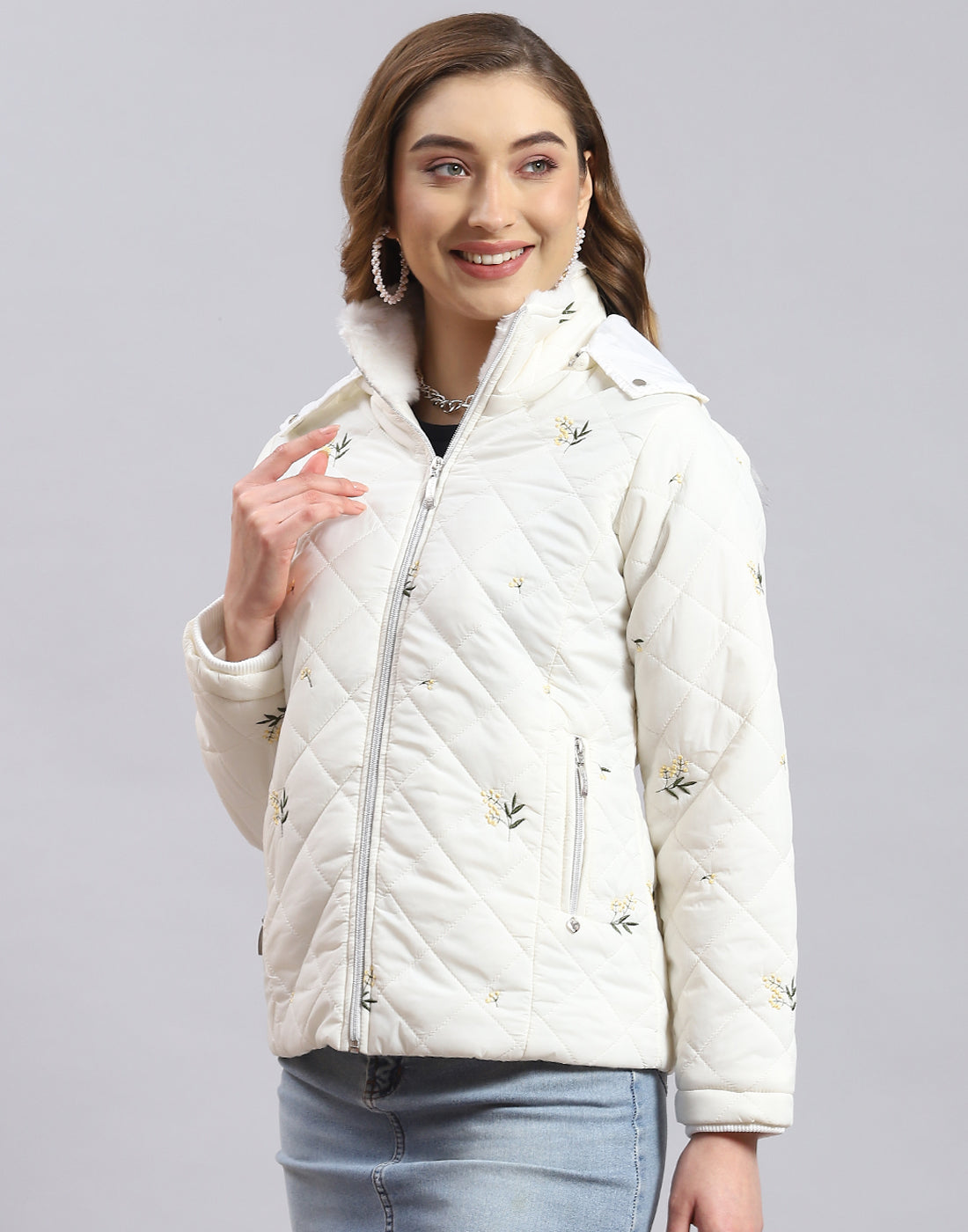 Women White Embroidered Hooded Full Sleeve Jacket