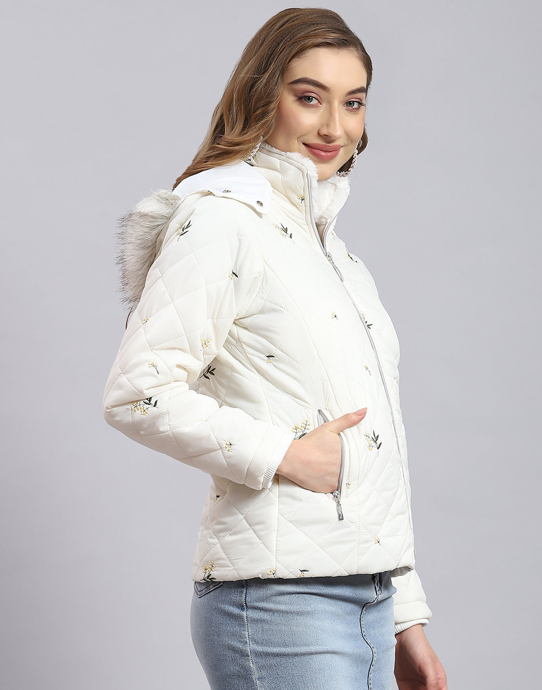 Women White Embroidered Hooded Full Sleeve Jacket