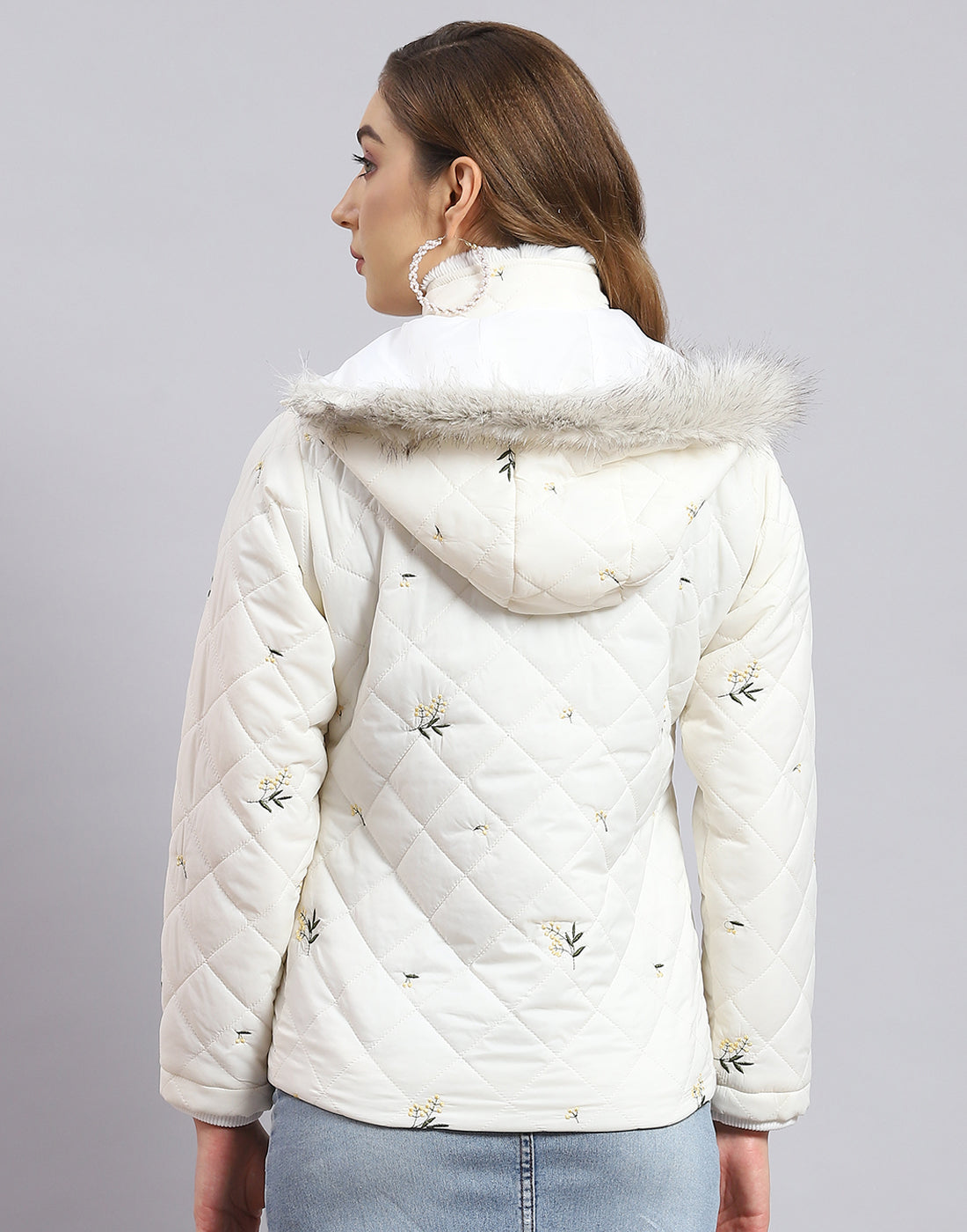 Women White Embroidered Hooded Full Sleeve Jacket