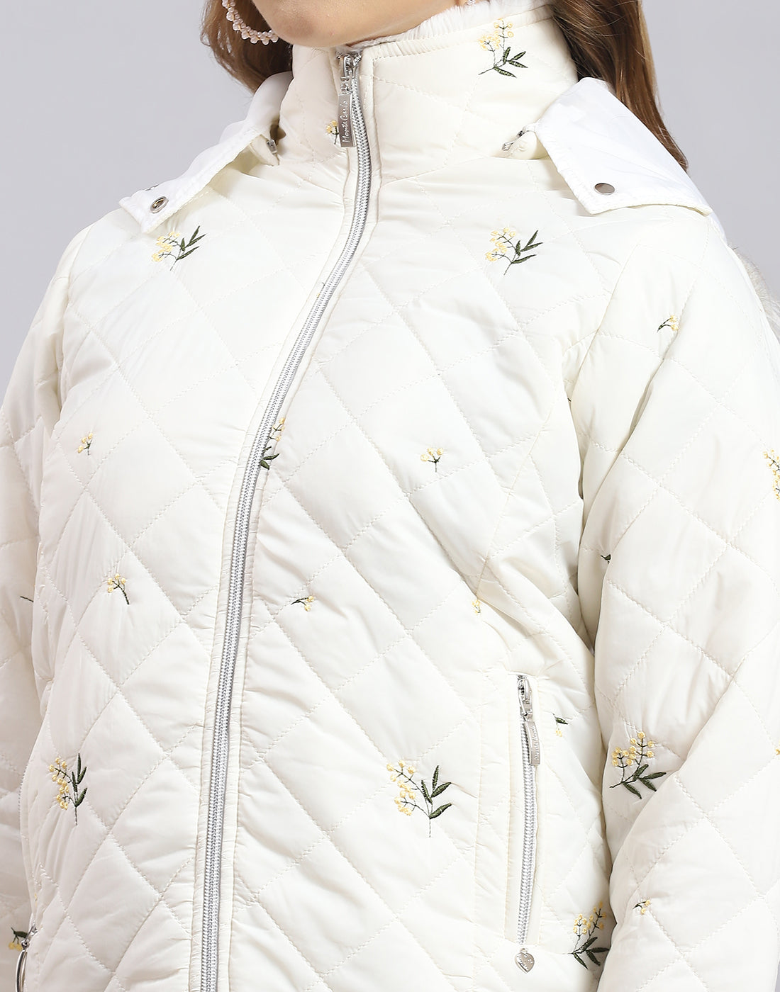 Women White Embroidered Hooded Full Sleeve Jacket