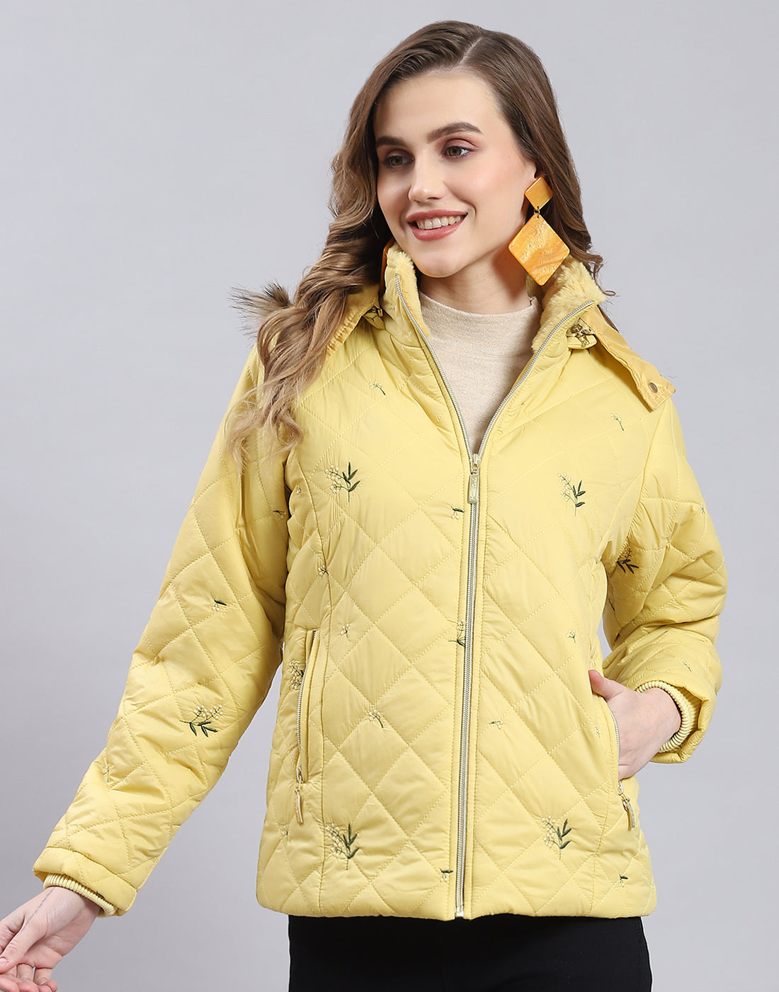 Women Yellow Embroidered Hooded Full Sleeve Jacket