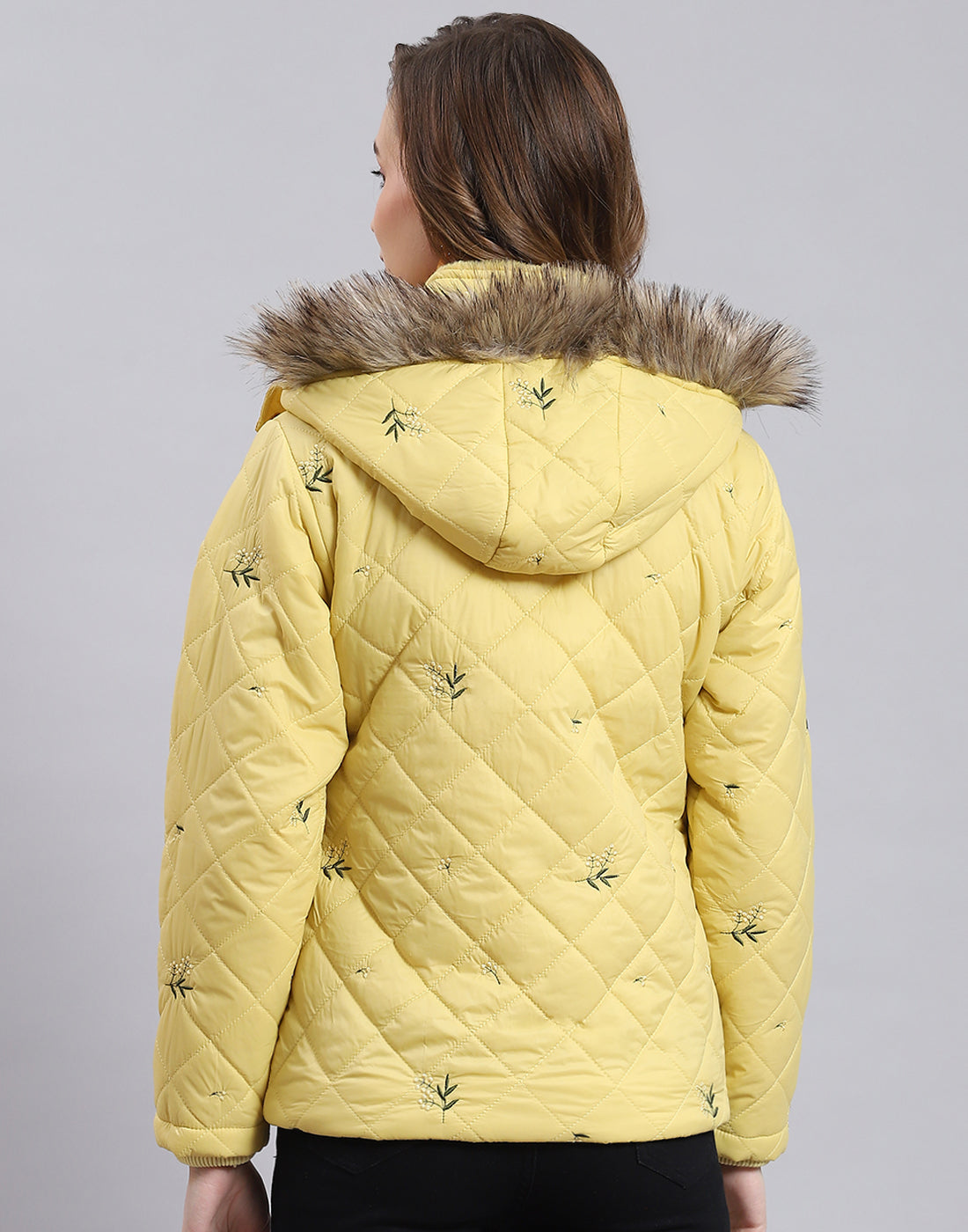 Women Yellow Embroidered Hooded Full Sleeve Jacket