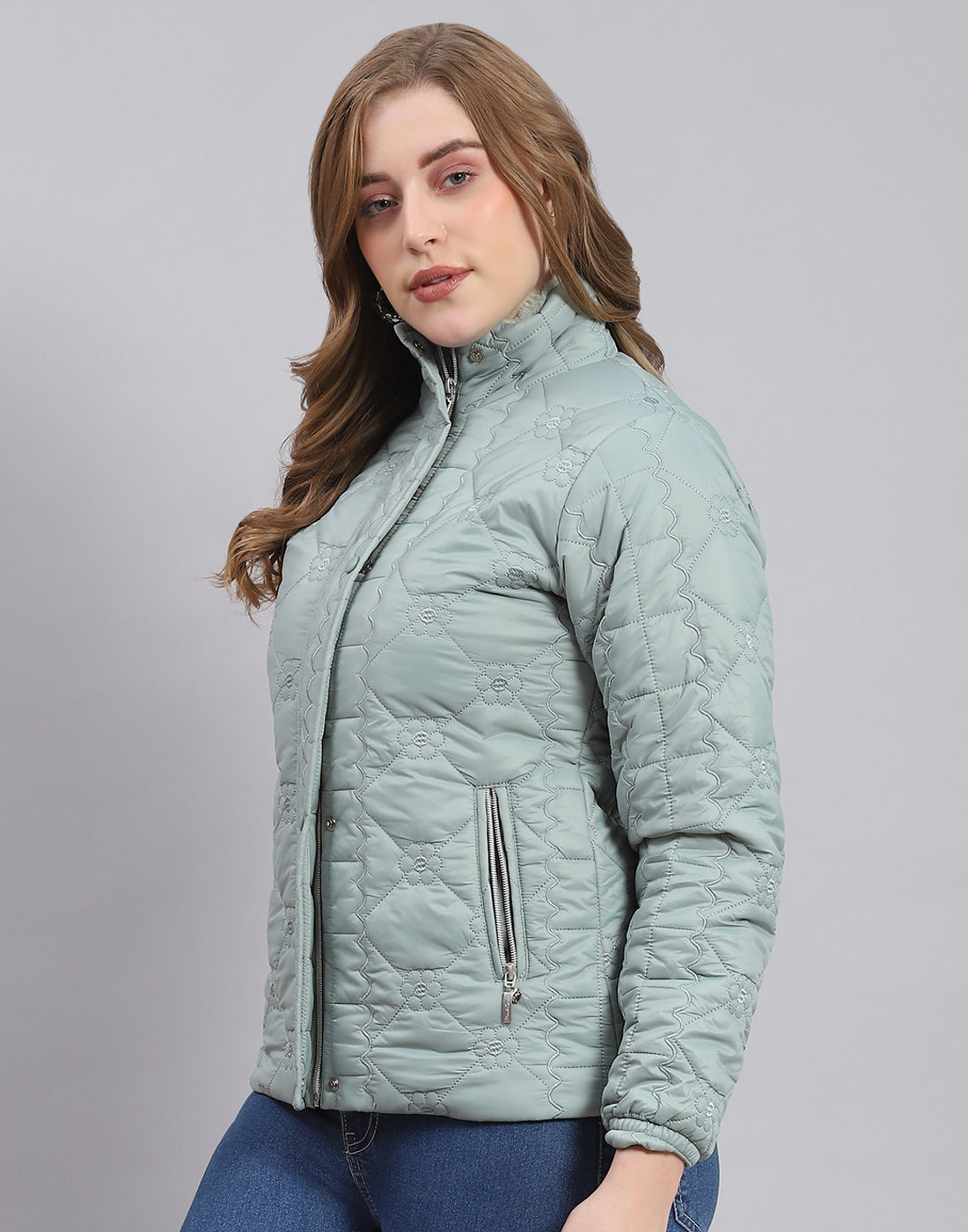 Women Green Embroidered Stand Collar Full Sleeve Jacket