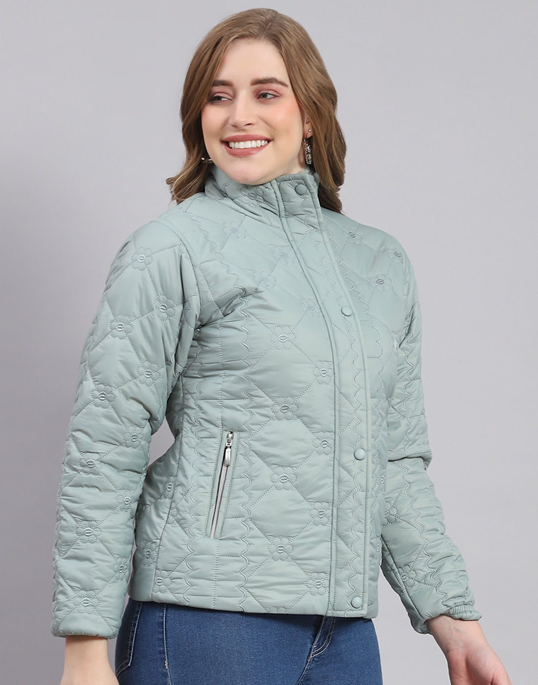 Women Green Embroidered Stand Collar Full Sleeve Jacket