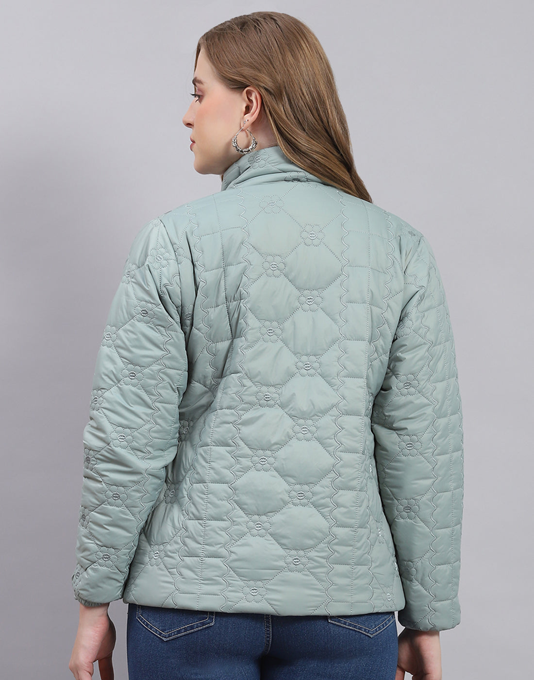 Women Green Embroidered Stand Collar Full Sleeve Jacket