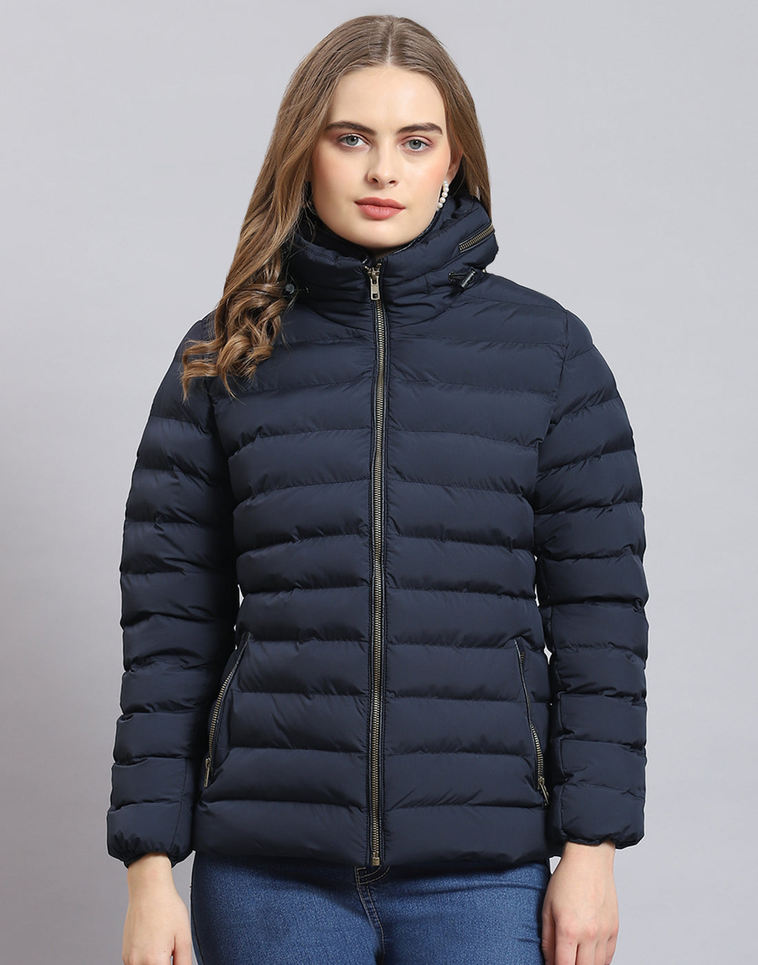 Women Navy Blue Solid Stand Collar Full Sleeve Jacket