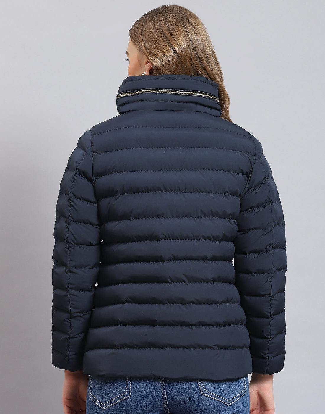 Women Navy Blue Solid Stand Collar Full Sleeve Jacket