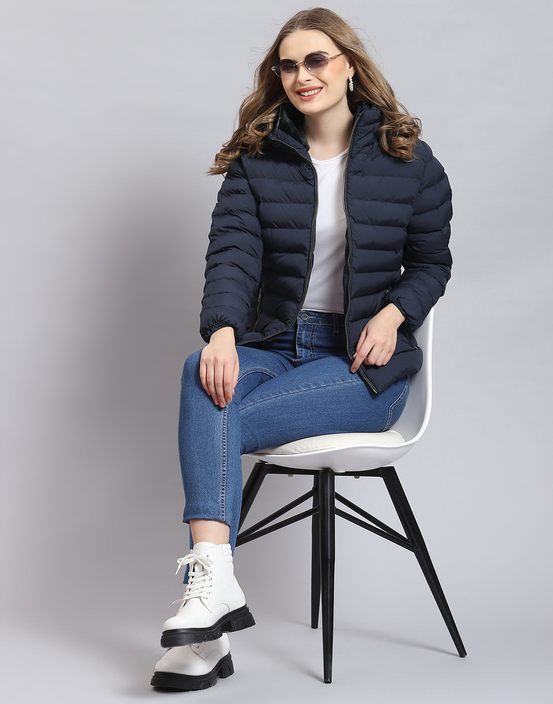 Women Navy Blue Solid Stand Collar Full Sleeve Jacket