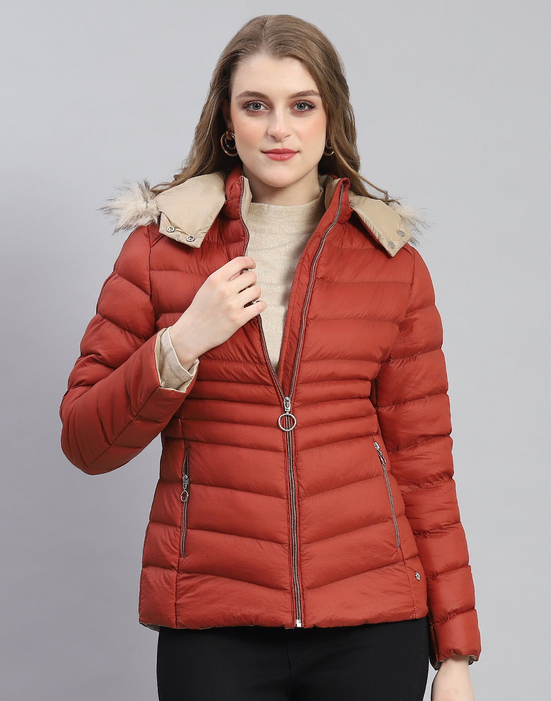 Women Rust Solid Hooded Full Sleeve Jacket