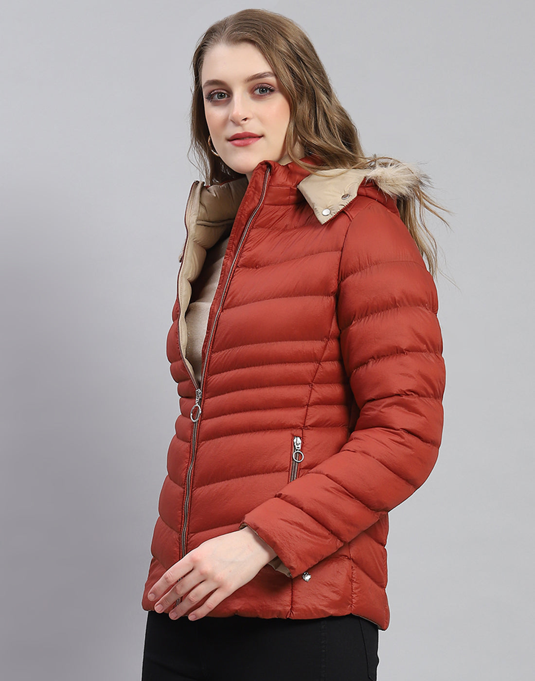 Women Rust Solid Hooded Full Sleeve Jacket