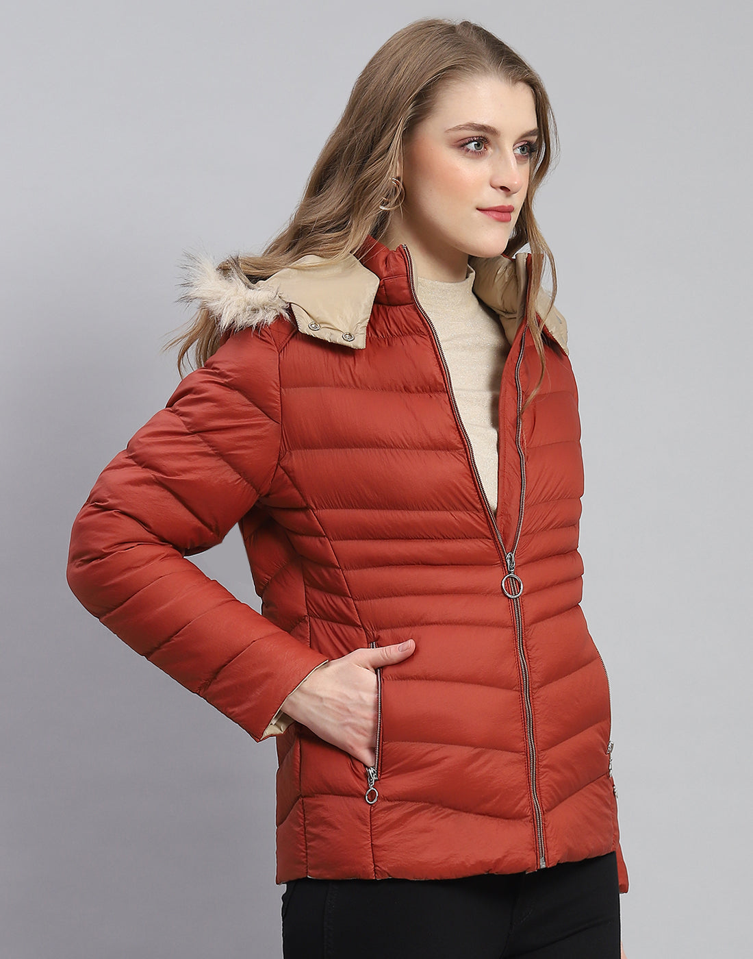 Women Rust Solid Hooded Full Sleeve Jacket