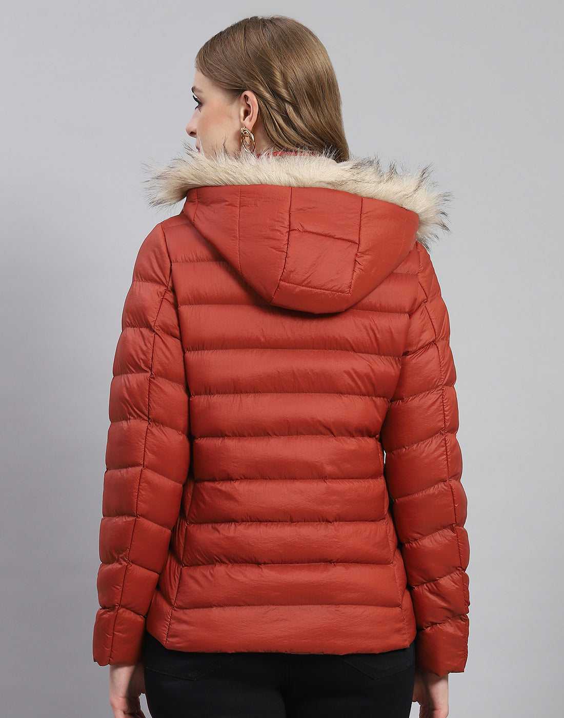 Women Rust Solid Hooded Full Sleeve Jacket