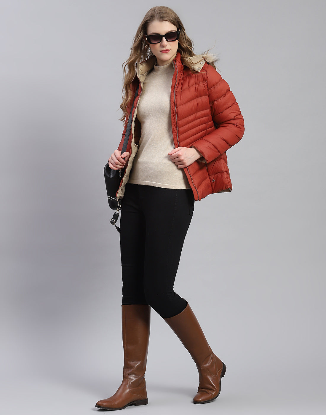 Women Rust Solid Hooded Full Sleeve Jacket