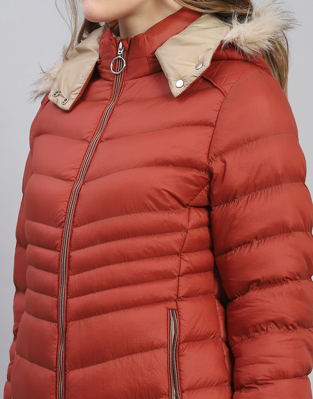 Women Rust Solid Hooded Full Sleeve Jacket