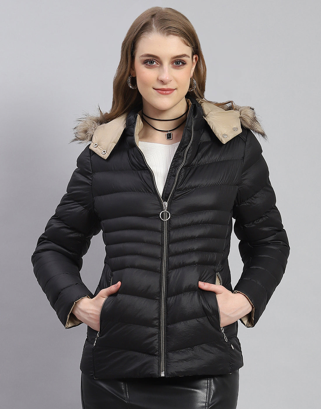 Women Black Solid Hooded Full Sleeve Jacket