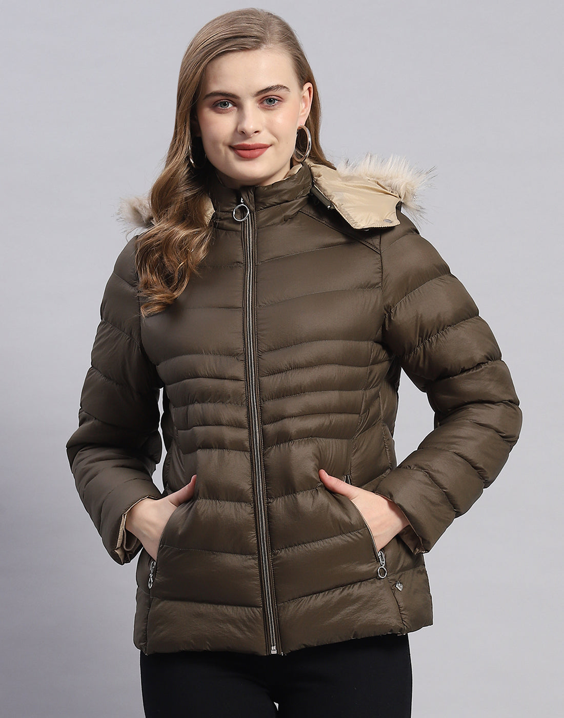 Women Olive Solid Hooded Full Sleeve Jacket