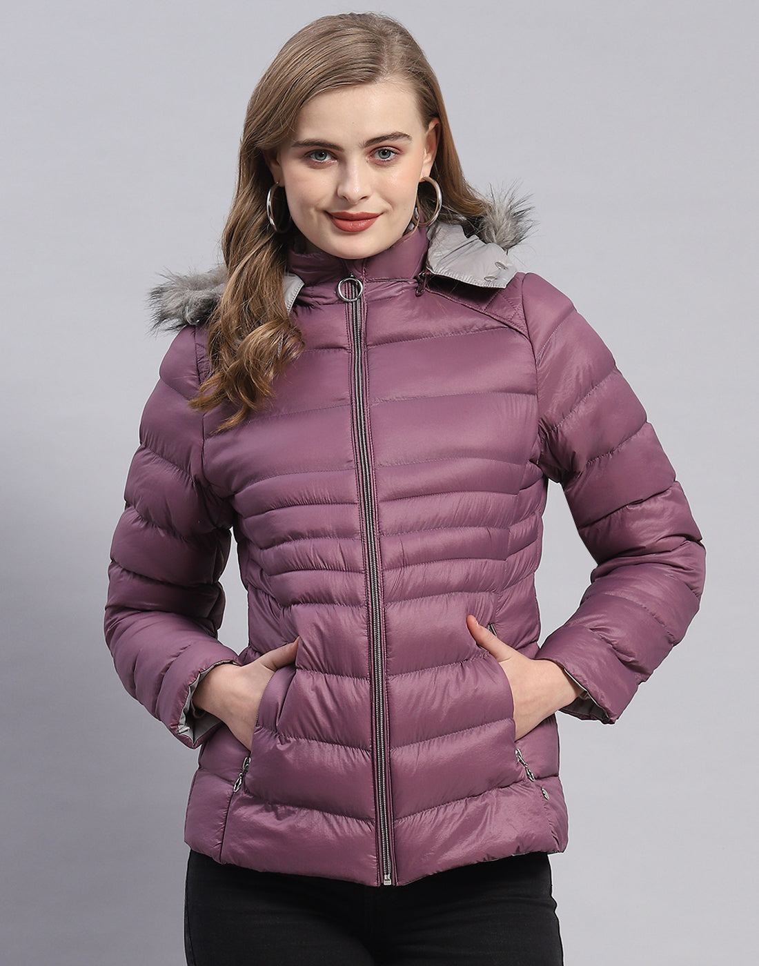 Women Purple Solid Hooded Full Sleeve Jacket
