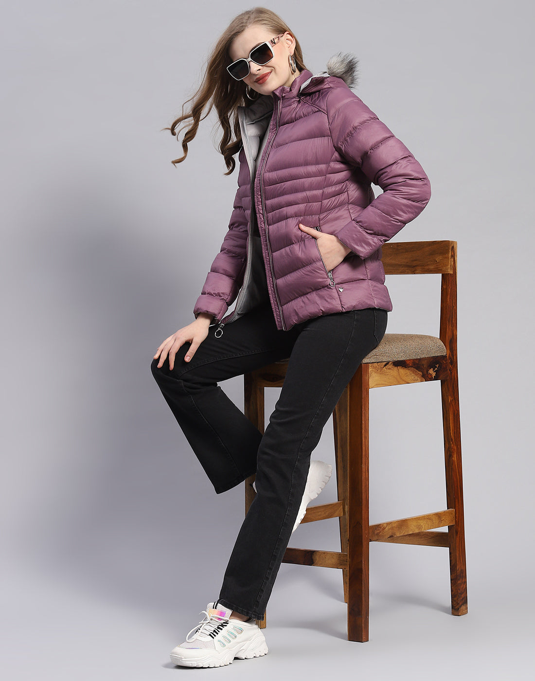 Women Purple Solid Hooded Full Sleeve Jacket